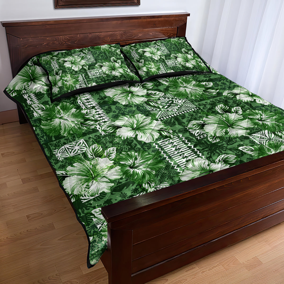 Hawaiian Quilt Pattern Quilt Bed Set Hibiscus and Tribal Element Vintage Green Vibe LT03 - Polynesian Pride