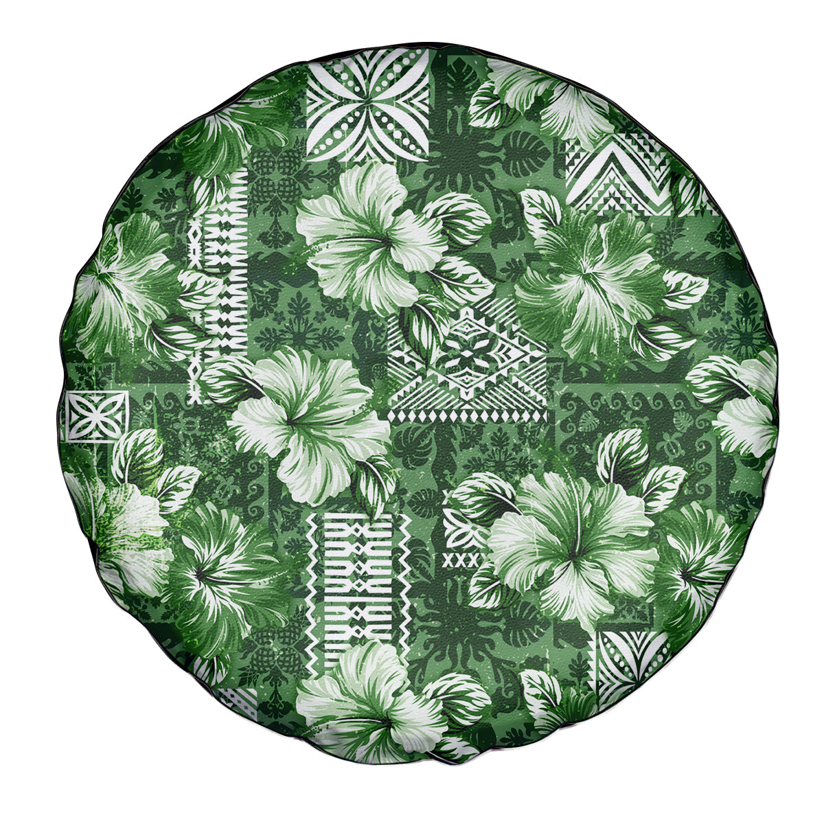 Hawaiian Quilt Pattern Spare Tire Cover Hibiscus and Tribal Element Vintage Green Vibe LT03 - Polynesian Pride