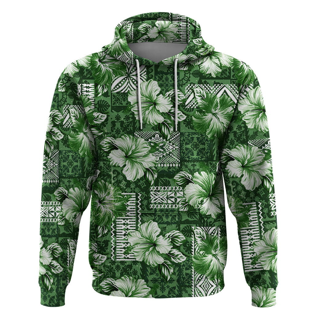 Hawaiian Quilt Pattern Zip Hoodie Hibiscus and Tribal Element Vintage Green Vibe LT03 Pullover Hoodie Green - Polynesian Pride