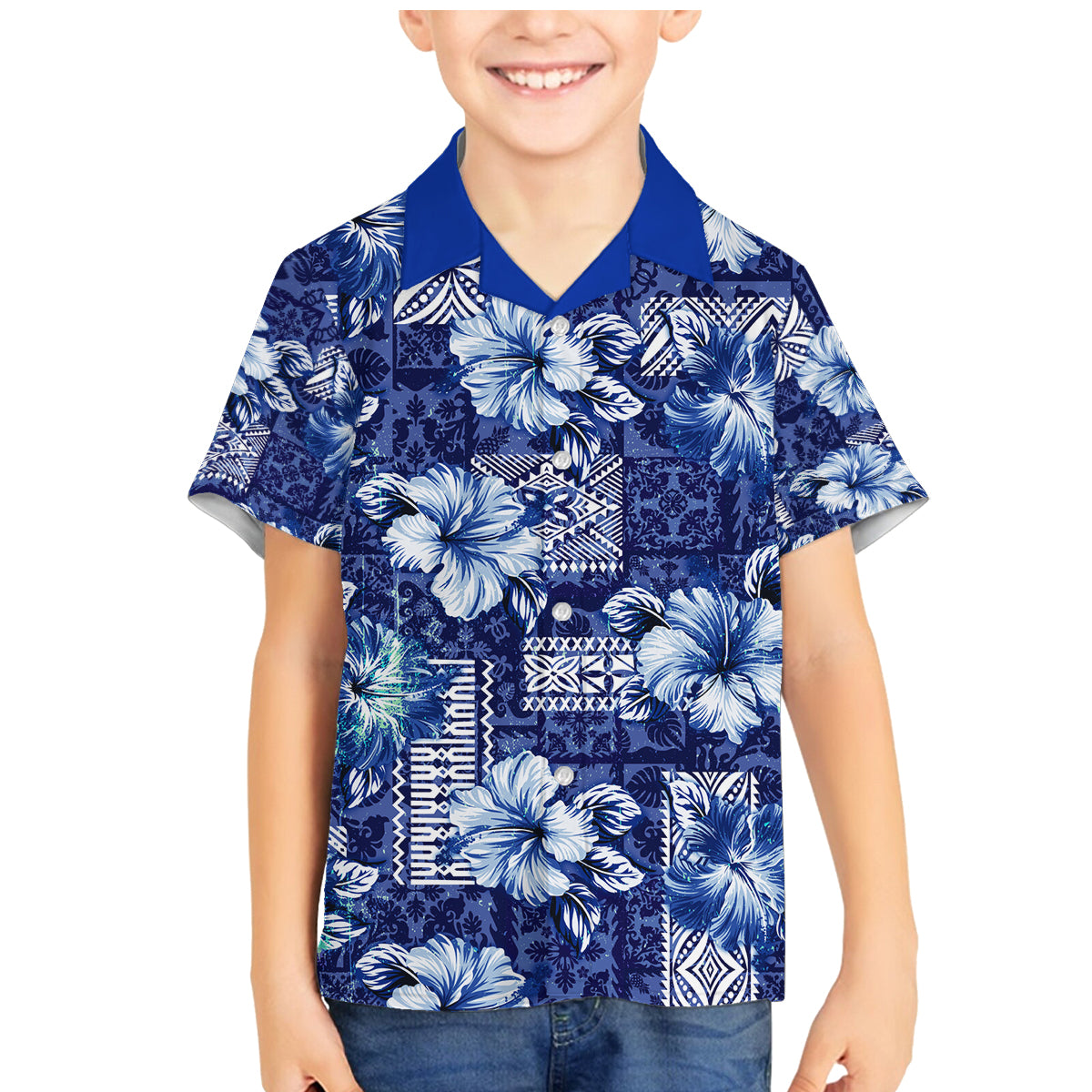Hawaiian Quilt Pattern Family Matching Mermaid Dress and Hawaiian Shirt Hibiscus and Tribal Element Vintage Blue Vibe LT03 Son's Shirt Blue - Polynesian Pride