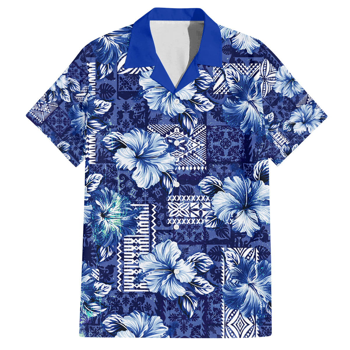 Hawaiian Quilt Pattern Family Matching Off Shoulder Maxi Dress and Hawaiian Shirt Hibiscus and Tribal Element Vintage Blue Vibe LT03 Dad's Shirt - Short Sleeve Blue - Polynesian Pride