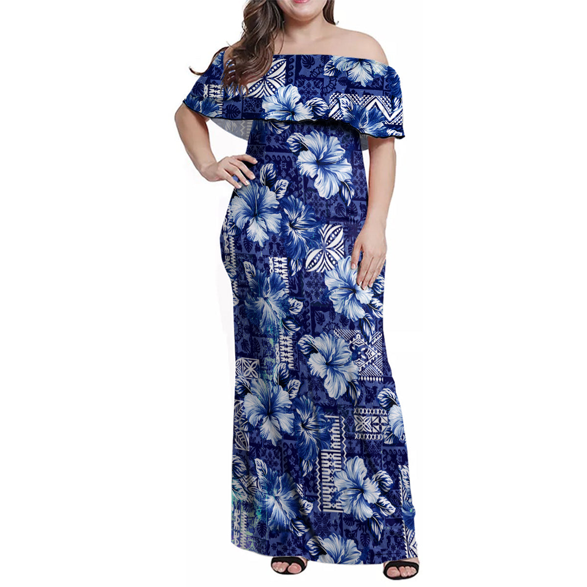 Hawaiian Quilt Pattern Family Matching Off Shoulder Maxi Dress and Hawaiian Shirt Hibiscus and Tribal Element Vintage Blue Vibe LT03 Mom's Dress Blue - Polynesian Pride
