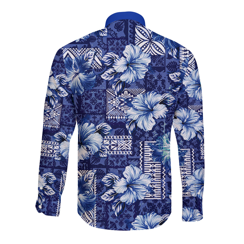 Hawaiian Quilt Pattern Long Sleeve Button Shirt Hibiscus and Tribal Element Vintage Blue Vibe LT03 - Polynesian Pride