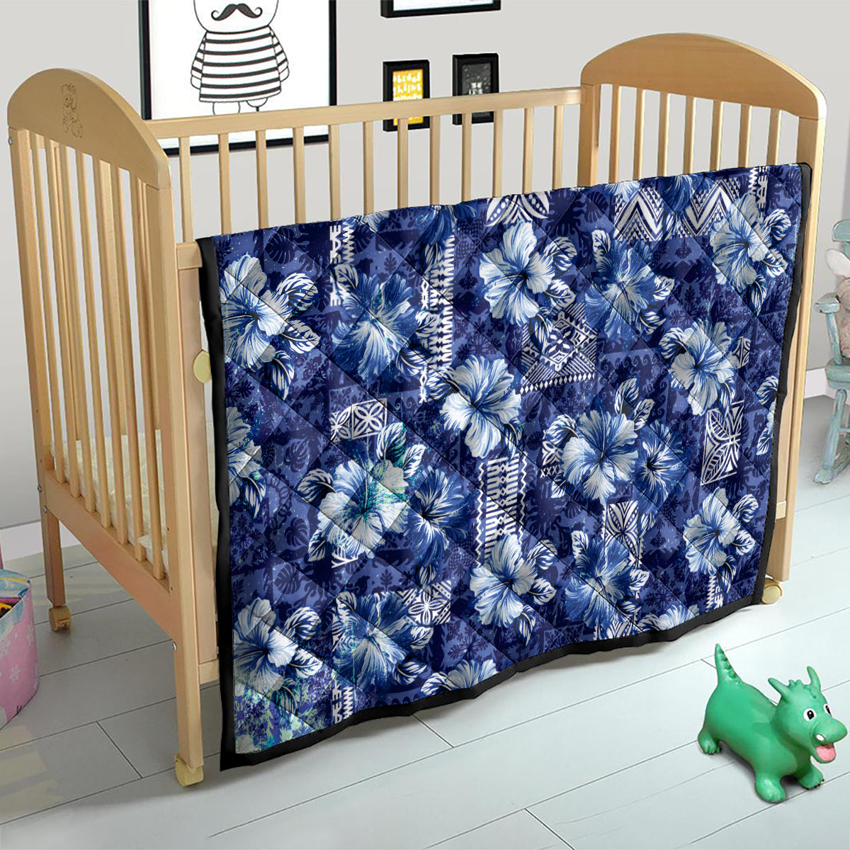 Hawaiian Quilt Pattern Quilt Hibiscus and Tribal Element Vintage Blue Vibe LT03 - Polynesian Pride