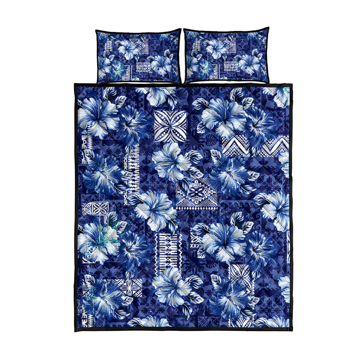 Hawaiian Quilt Pattern Quilt Bed Set Hibiscus and Tribal Element Vintage Blue Vibe LT03 - Polynesian Pride