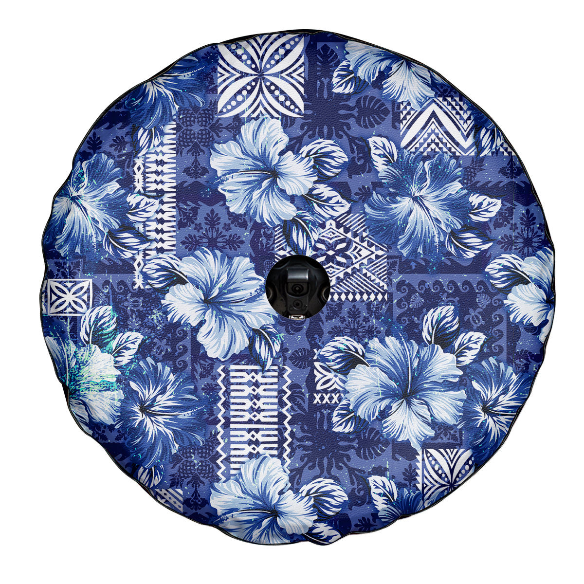Hawaiian Quilt Pattern Spare Tire Cover Hibiscus and Tribal Element Vintage Blue Vibe LT03 - Polynesian Pride
