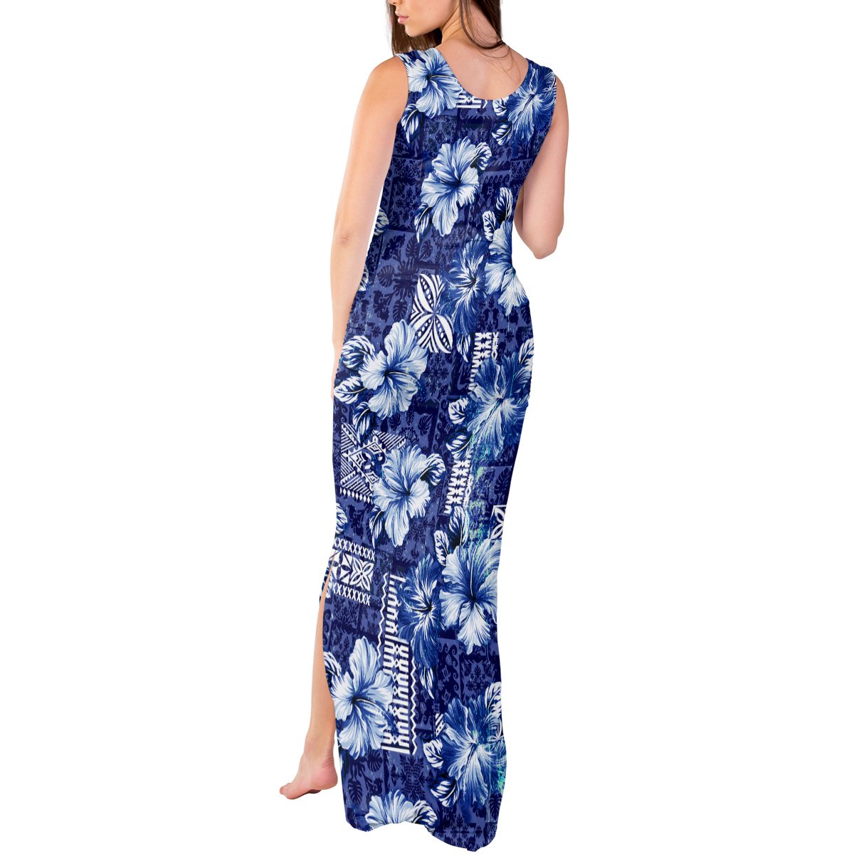 Hawaiian Quilt Pattern Tank Maxi Dress Hibiscus and Tribal Element Vintage Blue Vibe LT03 - Polynesian Pride