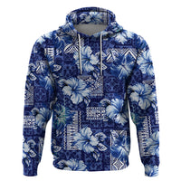 Hawaiian Quilt Pattern Zip Hoodie Hibiscus and Tribal Element Vintage Blue Vibe LT03 Pullover Hoodie Blue - Polynesian Pride