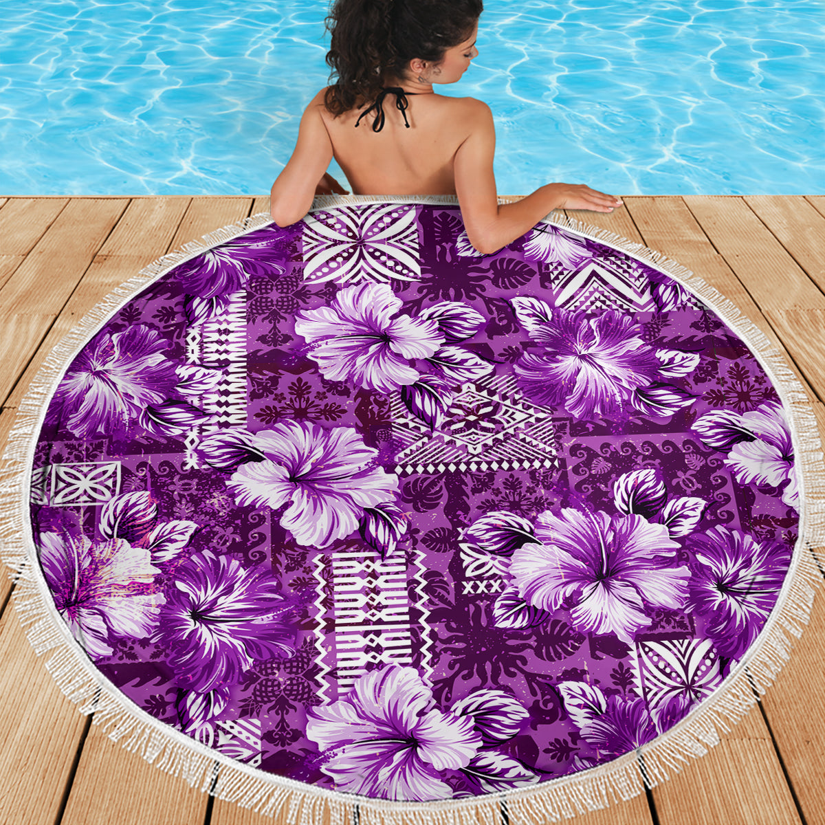 Hawaiian Quilt Pattern Beach Blanket Hibiscus and Tribal Element Vintage Purple Vibe LT03 - Polynesian Pride