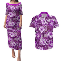 Hawaiian Quilt Pattern Couples Matching Puletasi and Hawaiian Shirt Hibiscus and Tribal Element Vintage Purple Vibe LT03 Purple - Polynesian Pride