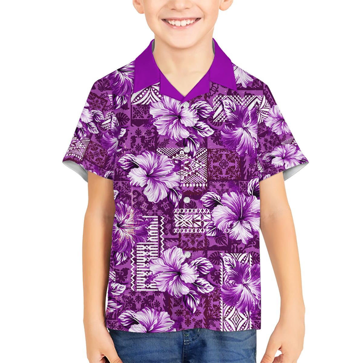 Hawaiian Quilt Pattern Family Matching Short Sleeve Bodycon Dress and Hawaiian Shirt Hibiscus and Tribal Element Vintage Purple Vibe LT03 Son's Shirt Purple - Polynesian Pride