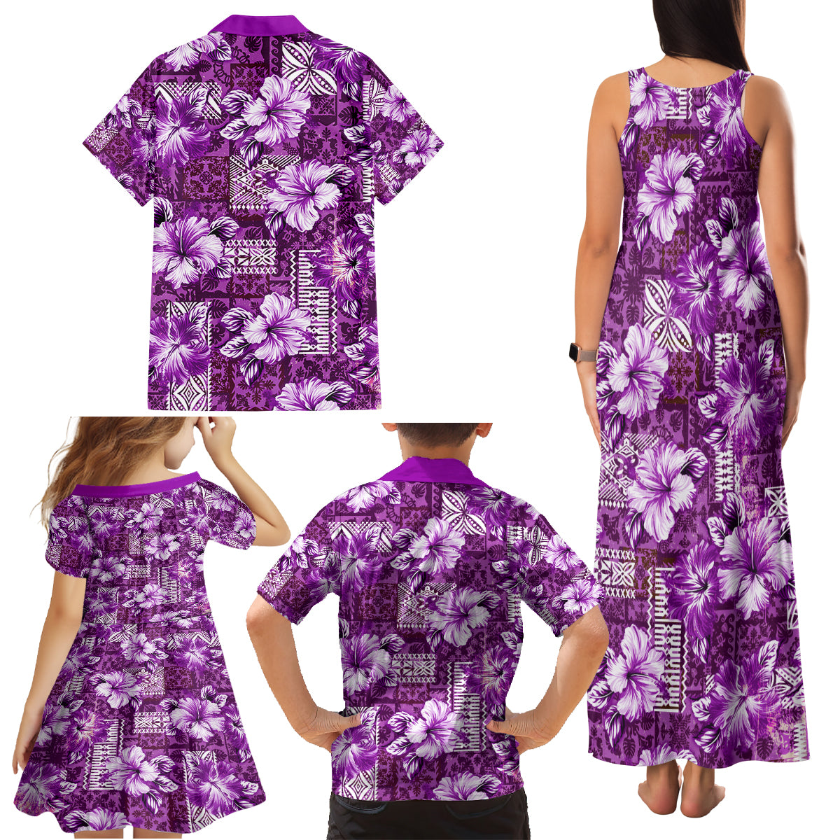 Hawaiian Quilt Pattern Family Matching Tank Maxi Dress and Hawaiian Shirt Hibiscus and Tribal Element Vintage Purple Vibe LT03 - Polynesian Pride