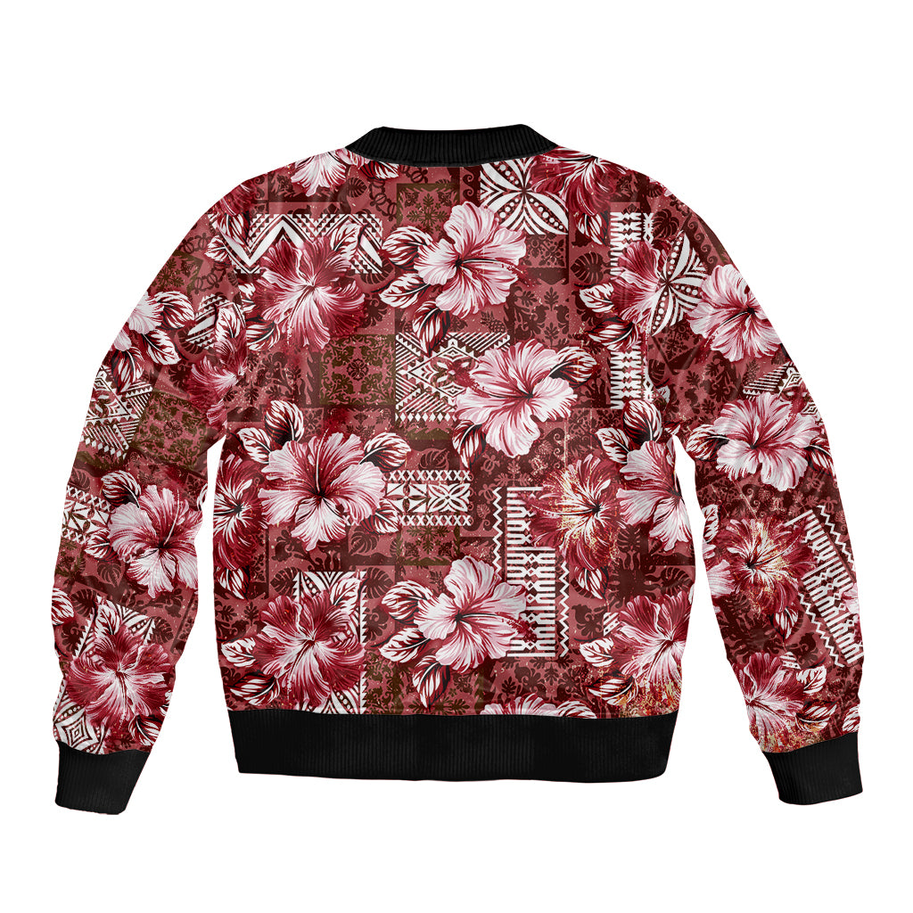 Hawaiian Quilt Pattern Bomber Jacket Hibiscus and Tribal Element Vintage Red Vibe LT03 - Polynesian Pride