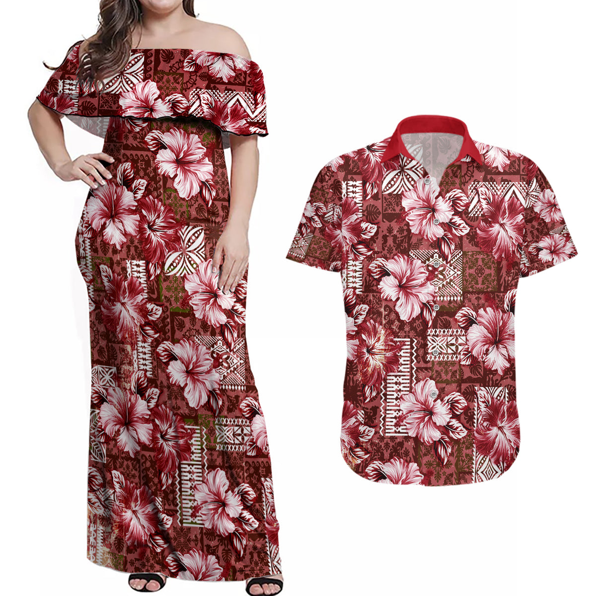 Hawaiian Quilt Pattern Couples Matching Off Shoulder Maxi Dress and Hawaiian Shirt Hibiscus and Tribal Element Vintage Red Vibe LT03 Red - Polynesian Pride