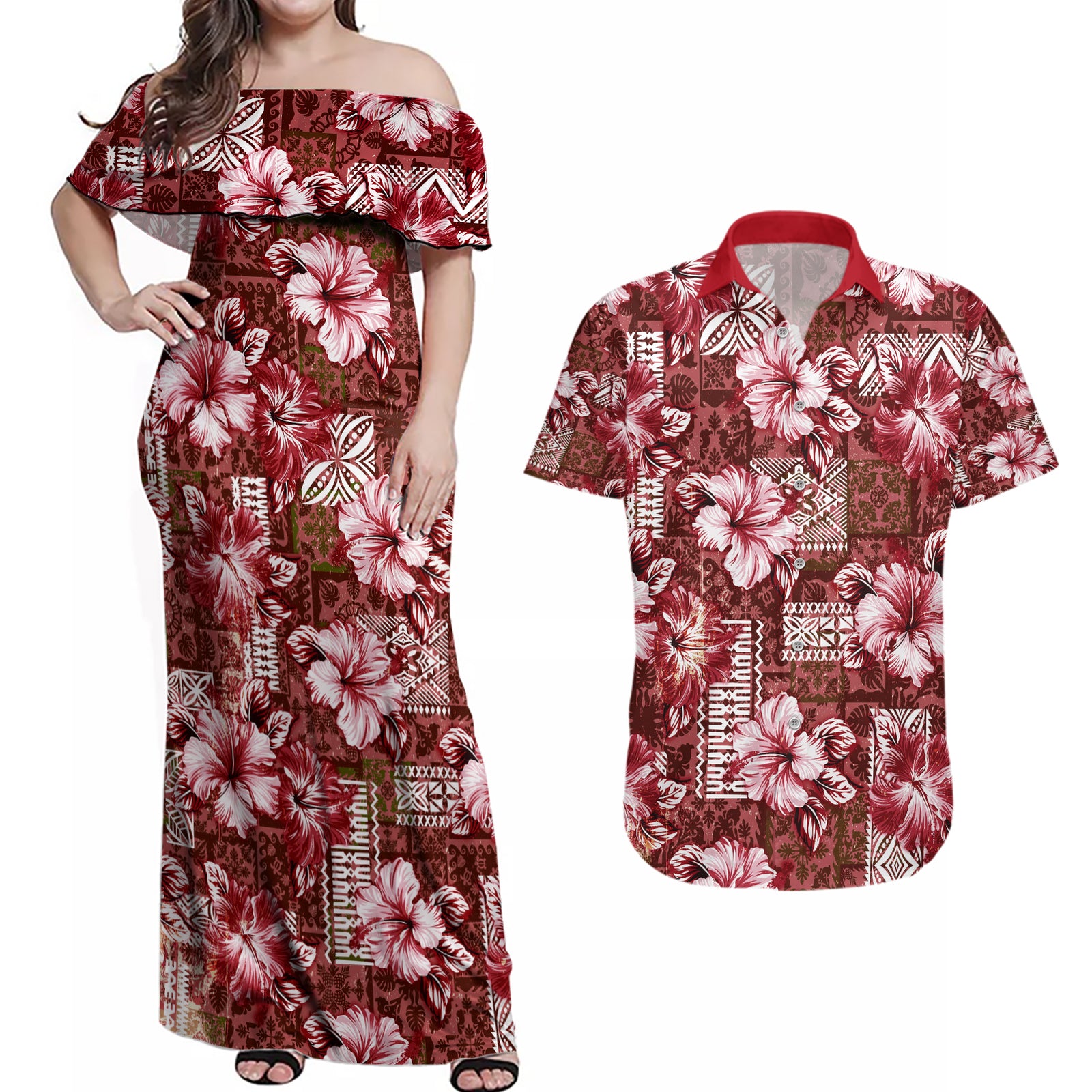 Hawaiian Quilt Pattern Couples Matching Off Shoulder Maxi Dress and Hawaiian Shirt Hibiscus and Tribal Element Vintage Red Vibe LT03 Red - Polynesian Pride