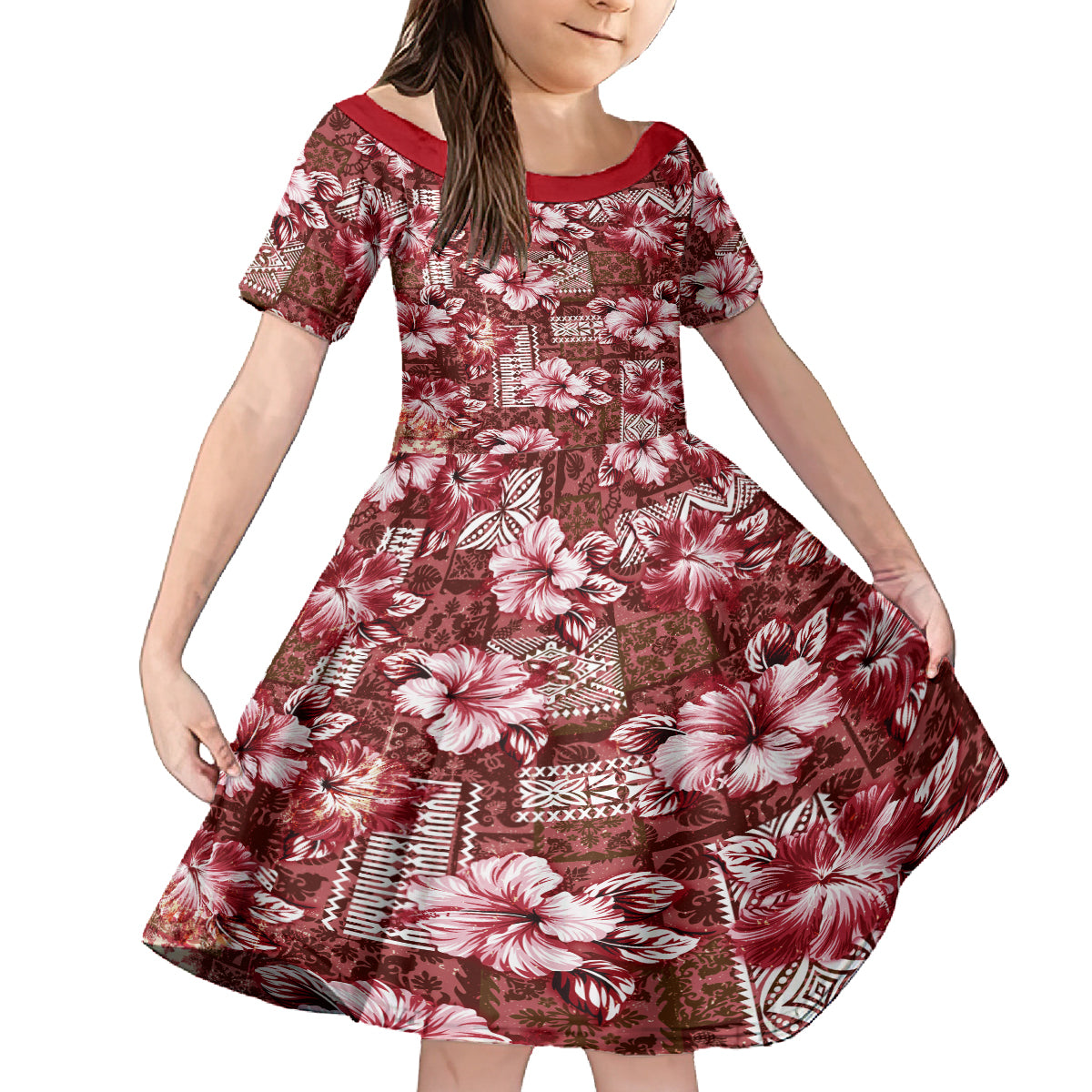 Hawaiian Quilt Pattern Family Matching Off Shoulder Long Sleeve Dress and Hawaiian Shirt Hibiscus and Tribal Element Vintage Red Vibe LT03 Daughter's Dress Red - Polynesian Pride