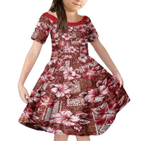 Hawaiian Quilt Pattern Family Matching Off Shoulder Short Dress and Hawaiian Shirt Hibiscus and Tribal Element Vintage Red Vibe LT03 Daughter's Dress Red - Polynesian Pride