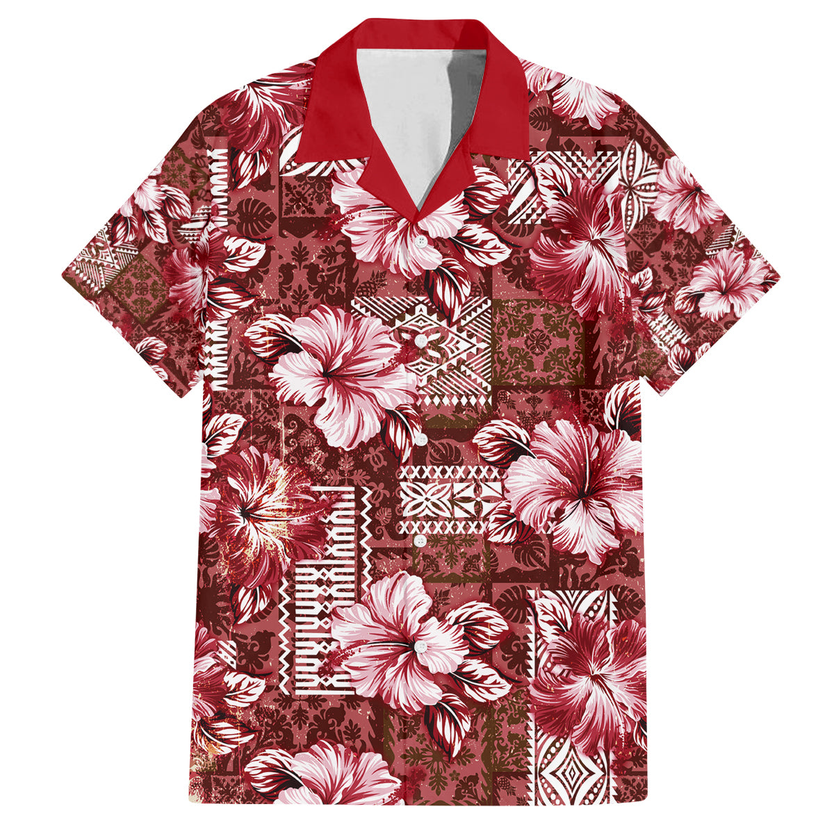 Hawaiian Quilt Pattern Family Matching Puletasi and Hawaiian Shirt Hibiscus and Tribal Element Vintage Red Vibe LT03 Dad's Shirt - Short Sleeve Red - Polynesian Pride