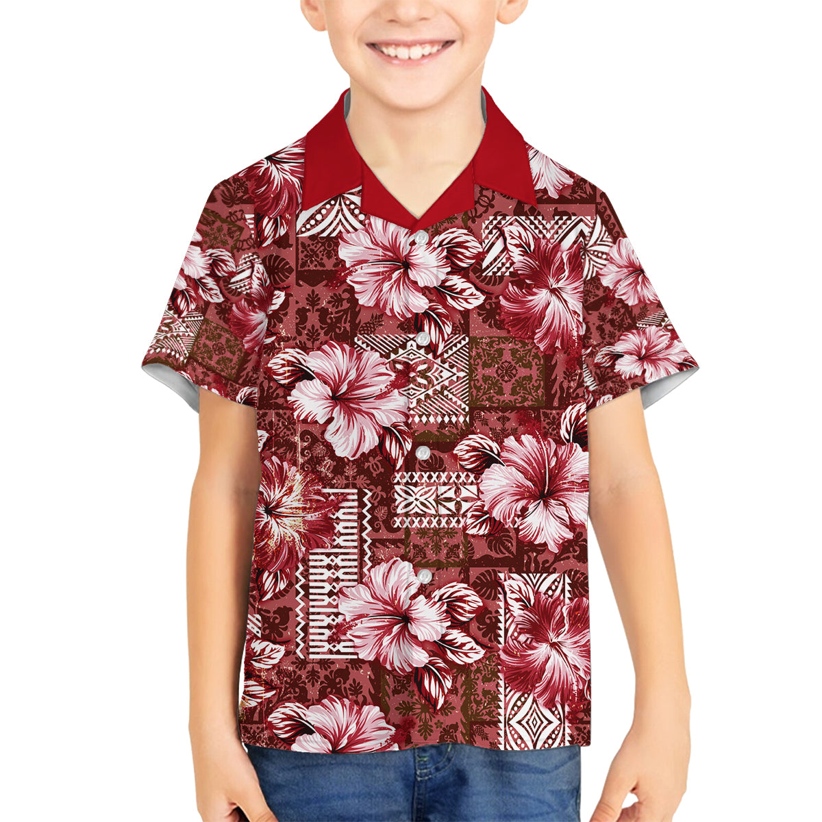 Hawaiian Quilt Pattern Family Matching Puletasi and Hawaiian Shirt Hibiscus and Tribal Element Vintage Red Vibe LT03 Son's Shirt Red - Polynesian Pride