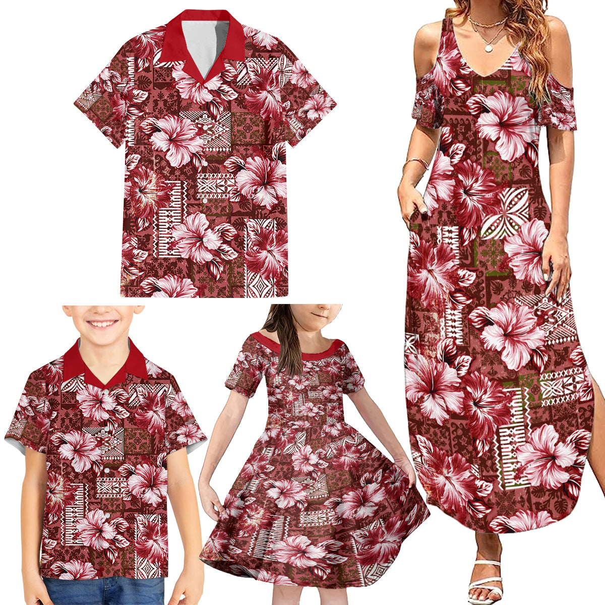 Hawaiian Quilt Pattern Family Matching Summer Maxi Dress and Hawaiian Shirt Hibiscus and Tribal Element Vintage Red Vibe LT03 - Polynesian Pride
