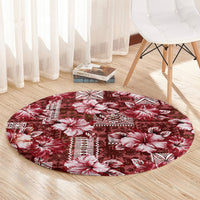 Hawaiian Quilt Pattern Round Carpet Hibiscus and Tribal Element Vintage Red Vibe LT03 - Polynesian Pride
