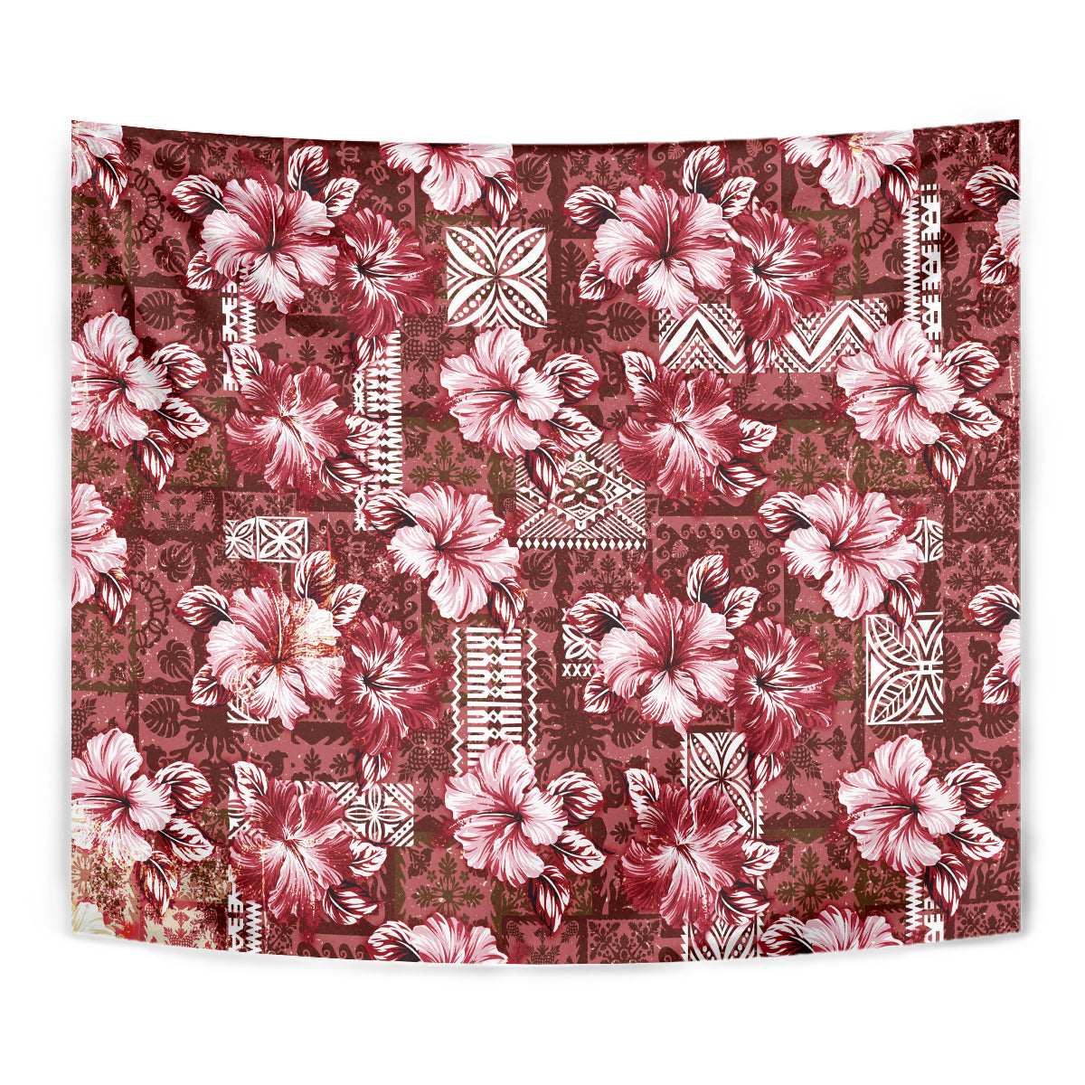 Hawaiian Quilt Pattern Tapestry Hibiscus and Tribal Element Vintage Red Vibe LT03 - Polynesian Pride
