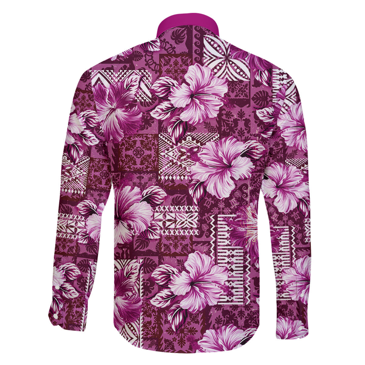 Hawaiian Quilt Pattern Family Matching Long Sleeve Bodycon Dress and Hawaiian Shirt Hibiscus and Tribal Element Vintage Pink Vibe LT03 - Polynesian Pride