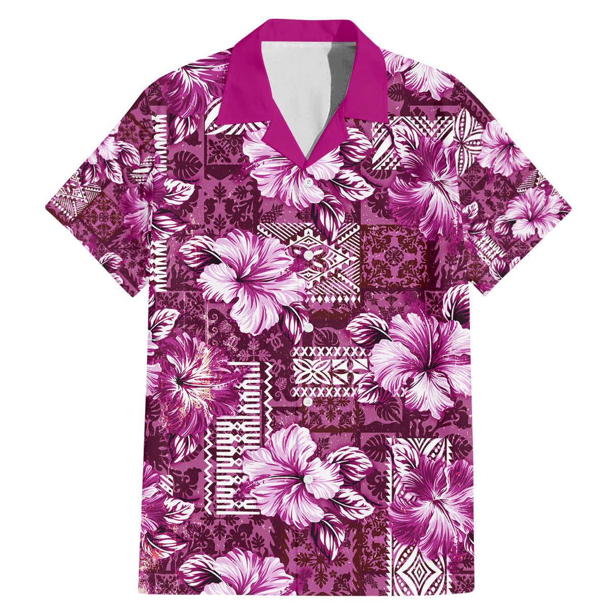 Hawaiian Quilt Pattern Family Matching Mermaid Dress and Hawaiian Shirt Hibiscus and Tribal Element Vintage Pink Vibe LT03 Dad's Shirt - Short Sleeve Pink - Polynesian Pride