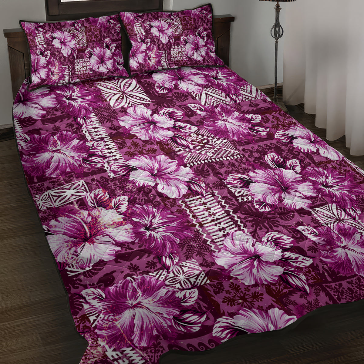 Hawaiian Quilt Pattern Quilt Bed Set Hibiscus and Tribal Element Vintage Pink Vibe LT03 Pink - Polynesian Pride