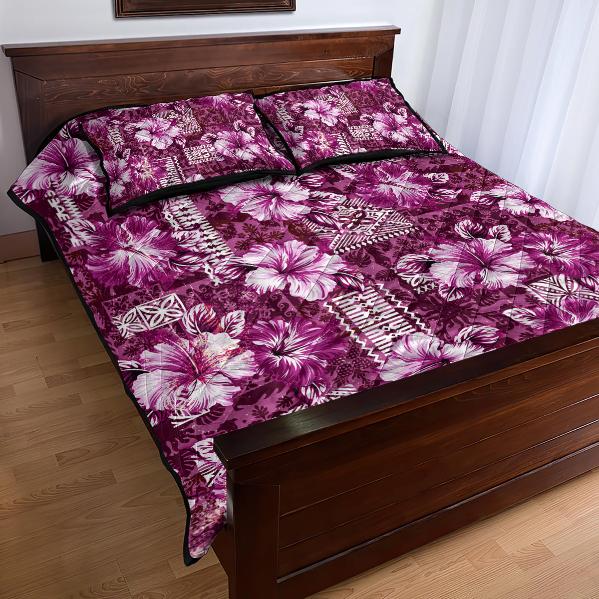 Hawaiian Quilt Pattern Quilt Bed Set Hibiscus and Tribal Element Vintage Pink Vibe LT03 - Polynesian Pride