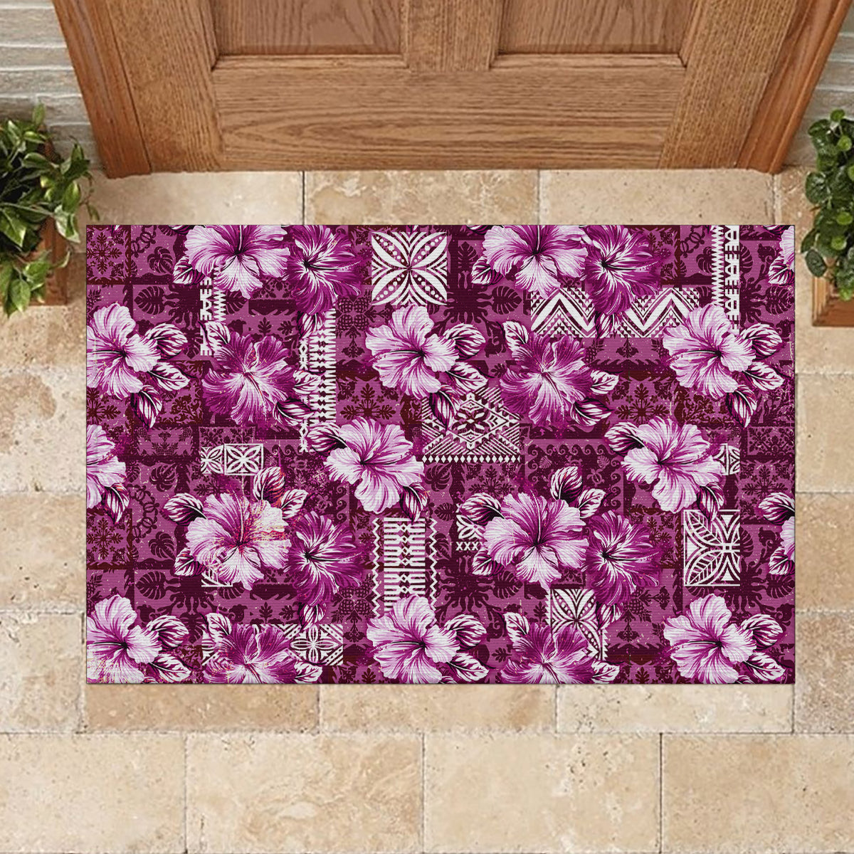 Hawaiian Quilt Pattern Rubber Doormat Hibiscus and Tribal Element Vintage Pink Vibe LT03 - Polynesian Pride