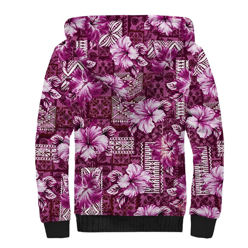 Hawaiian Quilt Pattern Sherpa Hoodie Hibiscus and Tribal Element Vintage Pink Vibe LT03 - Polynesian Pride