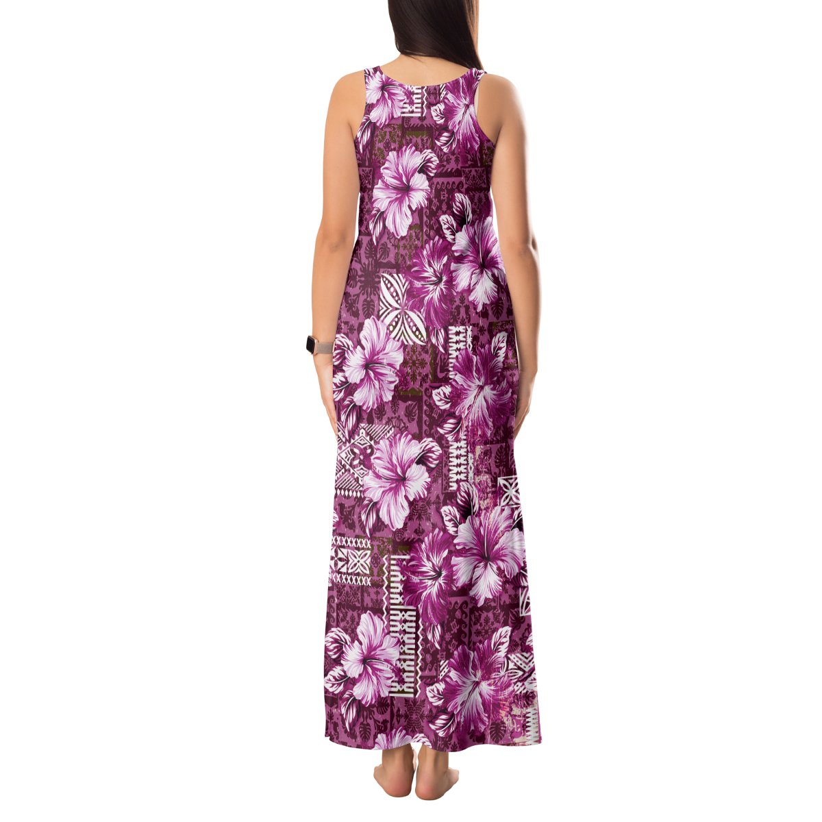 Hawaiian Quilt Pattern Tank Maxi Dress Hibiscus and Tribal Element Vintage Pink Vibe LT03 - Polynesian Pride