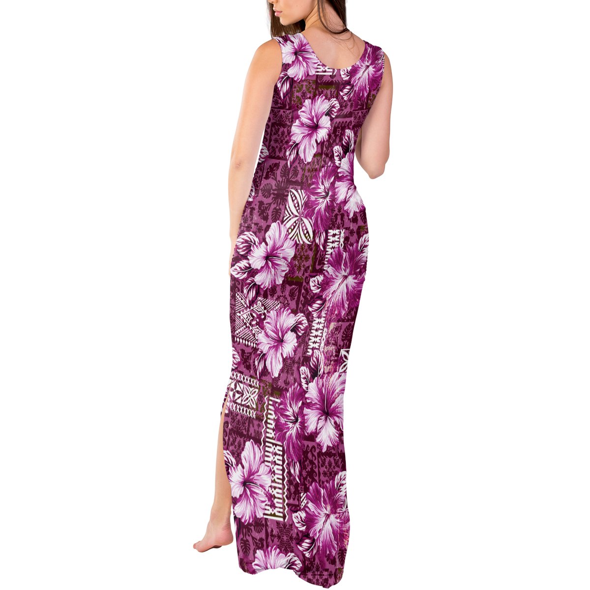 Hawaiian Quilt Pattern Tank Maxi Dress Hibiscus and Tribal Element Vintage Pink Vibe LT03 - Polynesian Pride