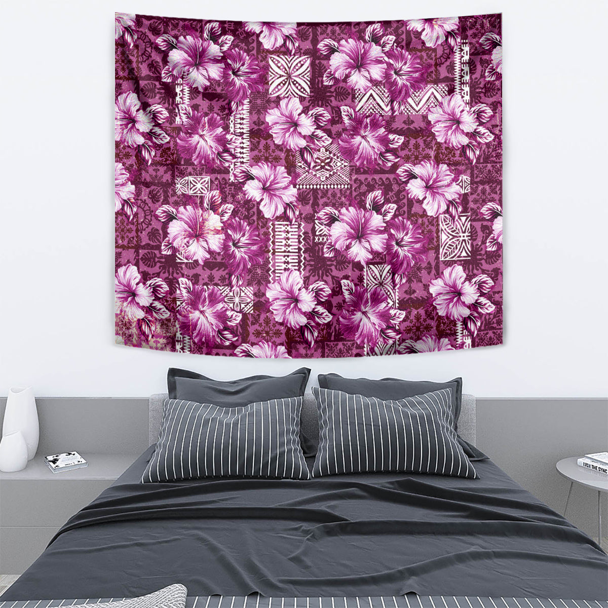 Hawaiian Quilt Pattern Tapestry Hibiscus and Tribal Element Vintage Pink Vibe LT03 - Polynesian Pride