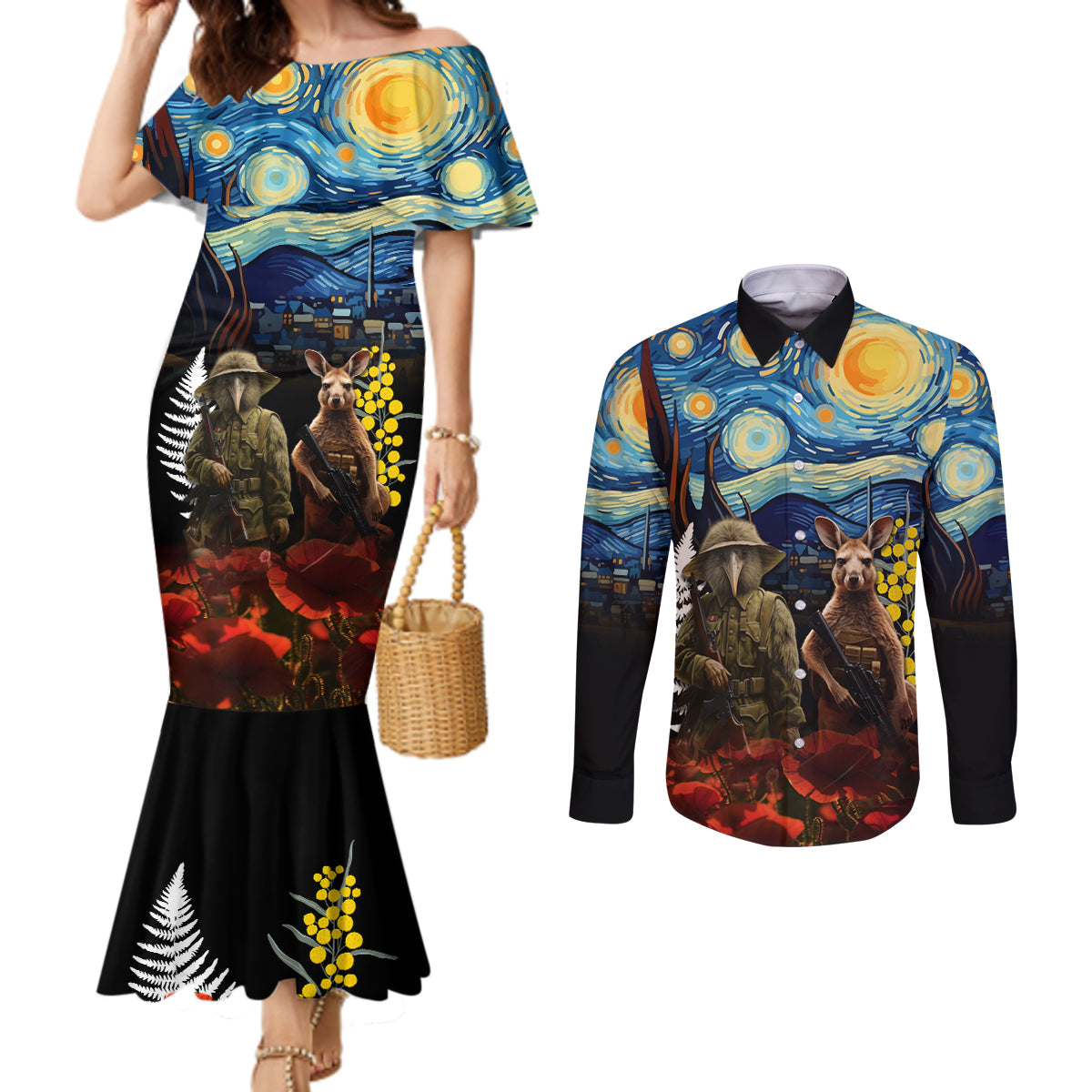 New Zealand and Australia ANZAC Day Couples Matching Mermaid Dress and Long Sleeve Button Shirt Kiwi Bird and Kangaroo Soldier Starry Night Style LT03 Black - Polynesian Pride
