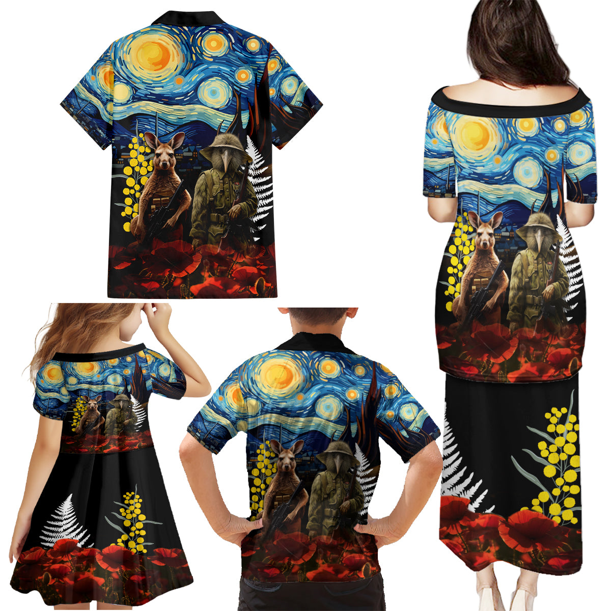 New Zealand and Australia ANZAC Day Family Matching Puletasi and Hawaiian Shirt Kiwi Bird and Kangaroo Soldier Starry Night Style LT03 - Polynesian Pride