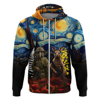 New Zealand and Australia ANZAC Day Hoodie Kiwi Bird and Kangaroo Soldier Starry Night Style LT03 Zip Hoodie Black - Polynesian Pride