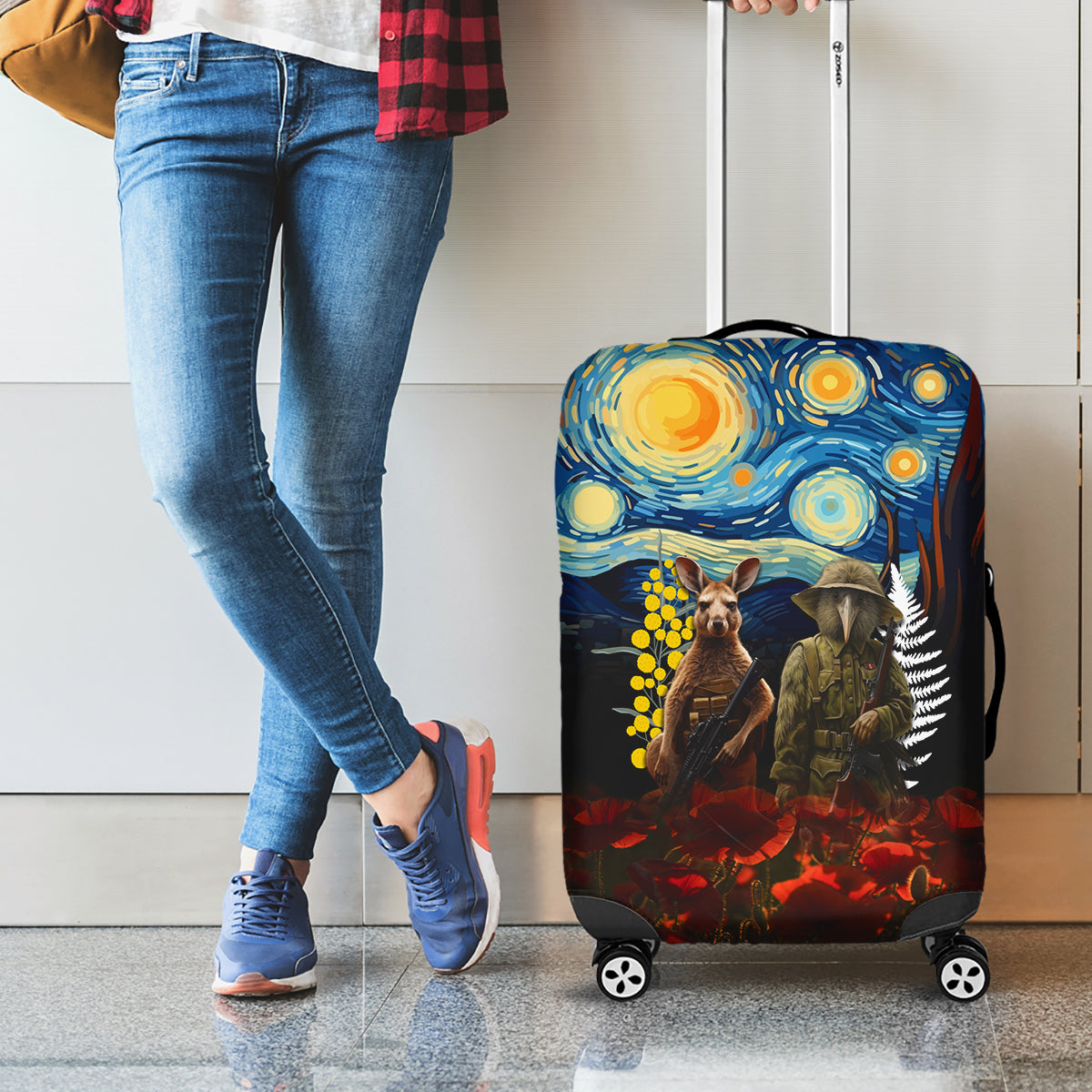 New Zealand and Australia ANZAC Day Luggage Cover Kiwi Bird and Kangaroo Soldier Starry Night Style LT03 - Polynesian Pride