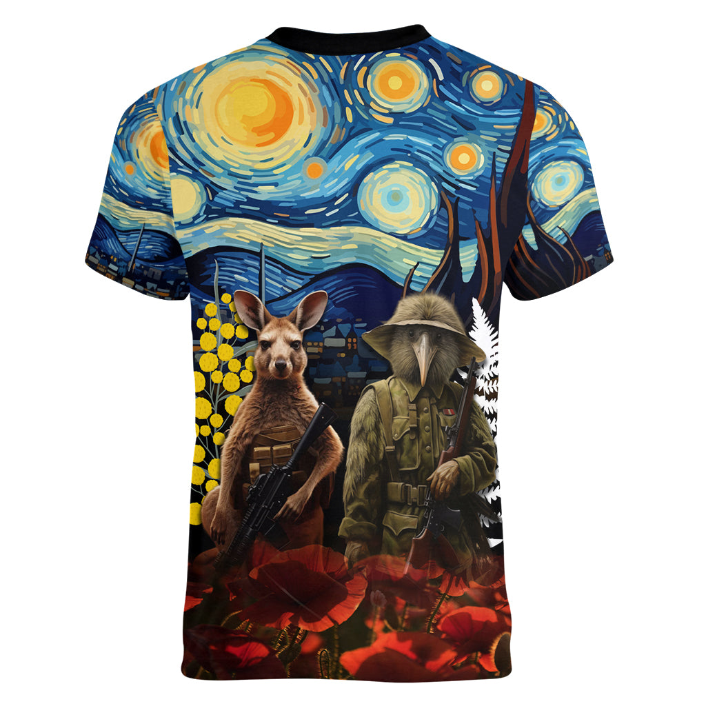 New Zealand and Australia ANZAC Day Women V Neck T Shirt Kiwi Bird and Kangaroo Soldier Starry Night Style LT03 - Polynesian Pride