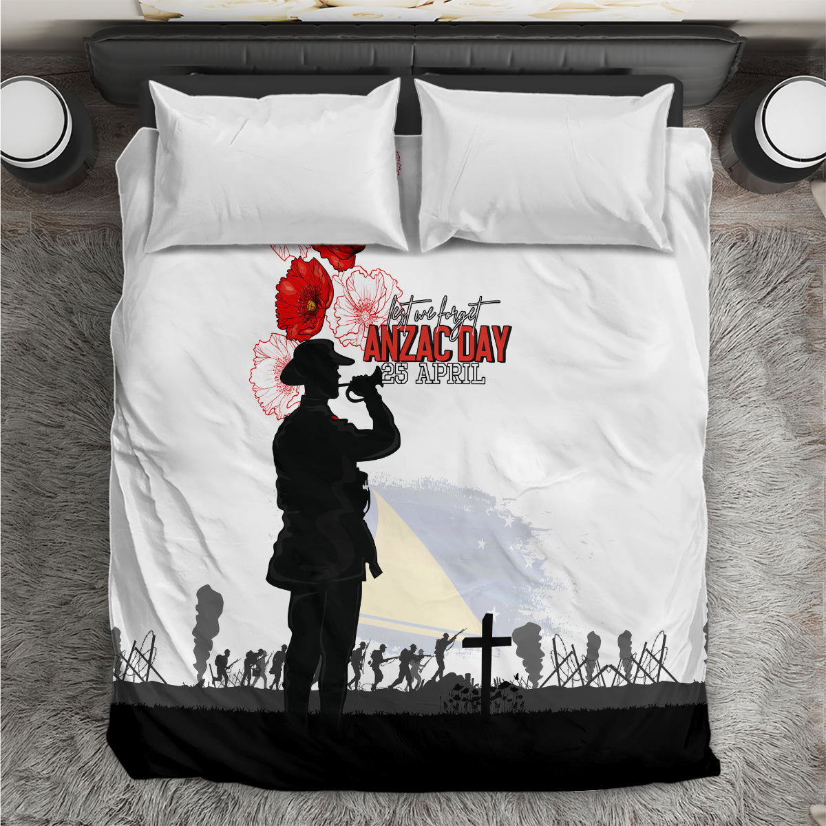 Tokelau ANZAC Day Bedding Set Lest We Forget Red Poppy Flowers and Soldier LT03 White - Polynesian Pride