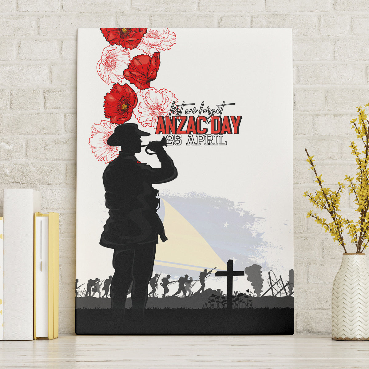 Tokelau ANZAC Day Canvas Wall Art Lest We Forget Red Poppy Flowers and Soldier LT03 Without Frame White - Polynesian Pride