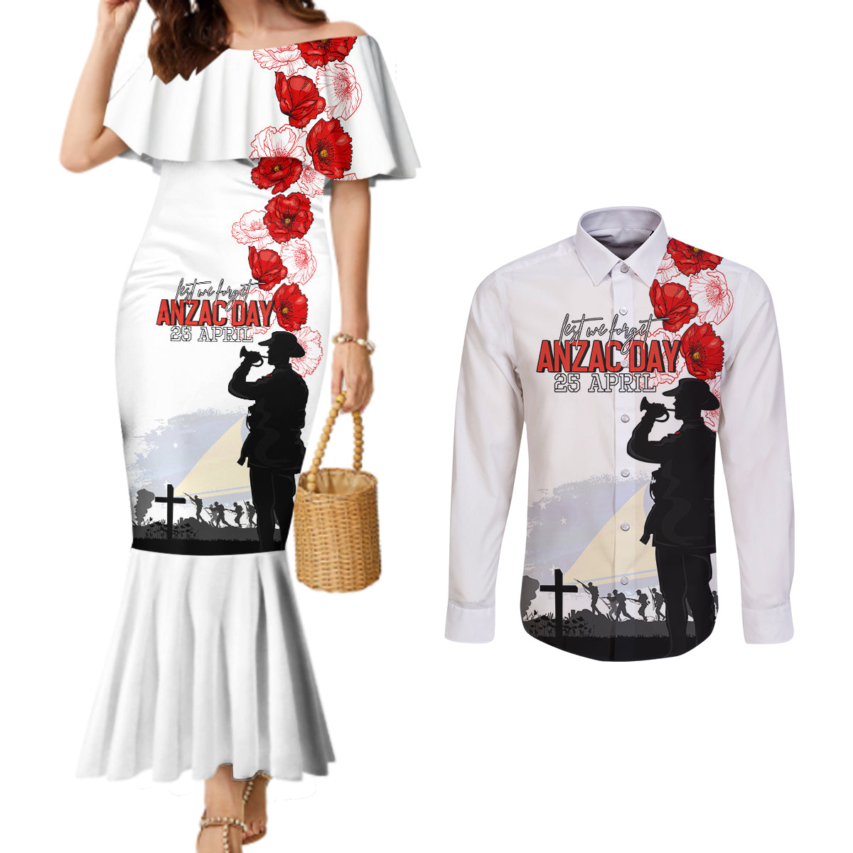 Tokelau ANZAC Day Couples Matching Mermaid Dress and Long Sleeve Button Shirt Lest We Forget Red Poppy Flowers and Soldier LT03 White - Polynesian Pride
