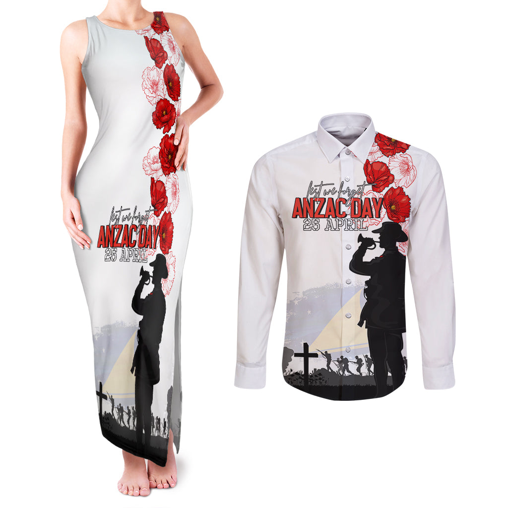 Tokelau ANZAC Day Couples Matching Tank Maxi Dress and Long Sleeve Button Shirt Lest We Forget Red Poppy Flowers and Soldier LT03 White - Polynesian Pride