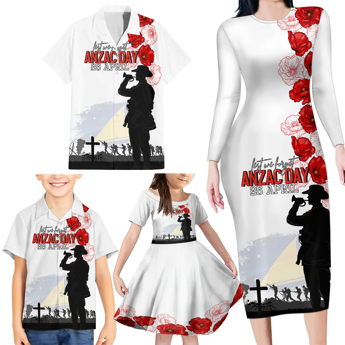 Tokelau ANZAC Day Family Matching Long Sleeve Bodycon Dress and Hawaiian Shirt Lest We Forget Red Poppy Flowers and Soldier LT03 - Polynesian Pride