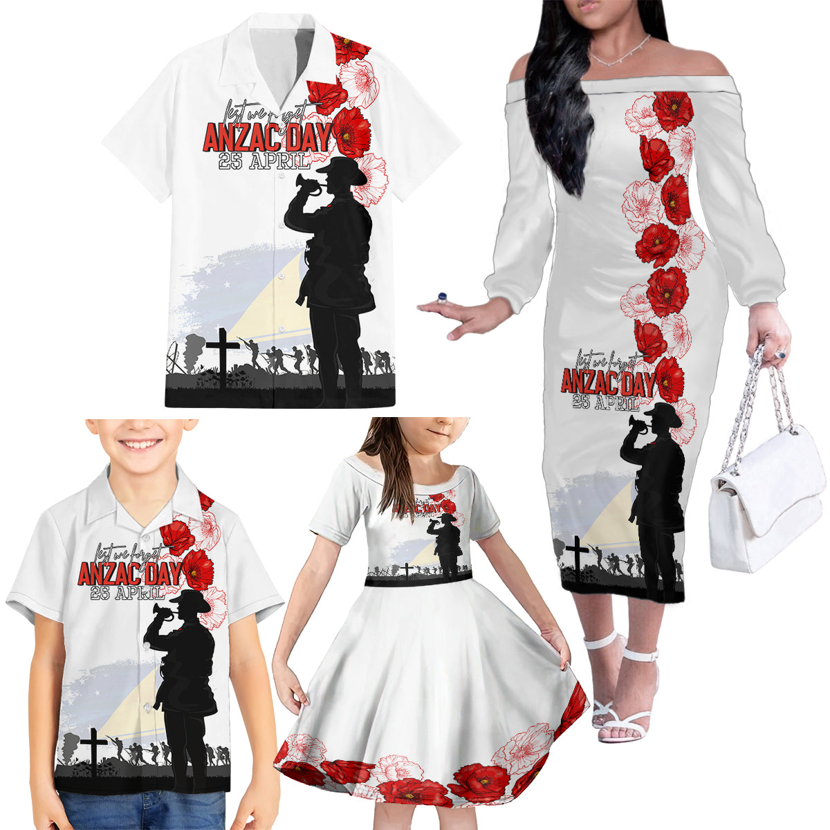 Tokelau ANZAC Day Family Matching Off Shoulder Long Sleeve Dress and Hawaiian Shirt Lest We Forget Red Poppy Flowers and Soldier LT03 - Polynesian Pride
