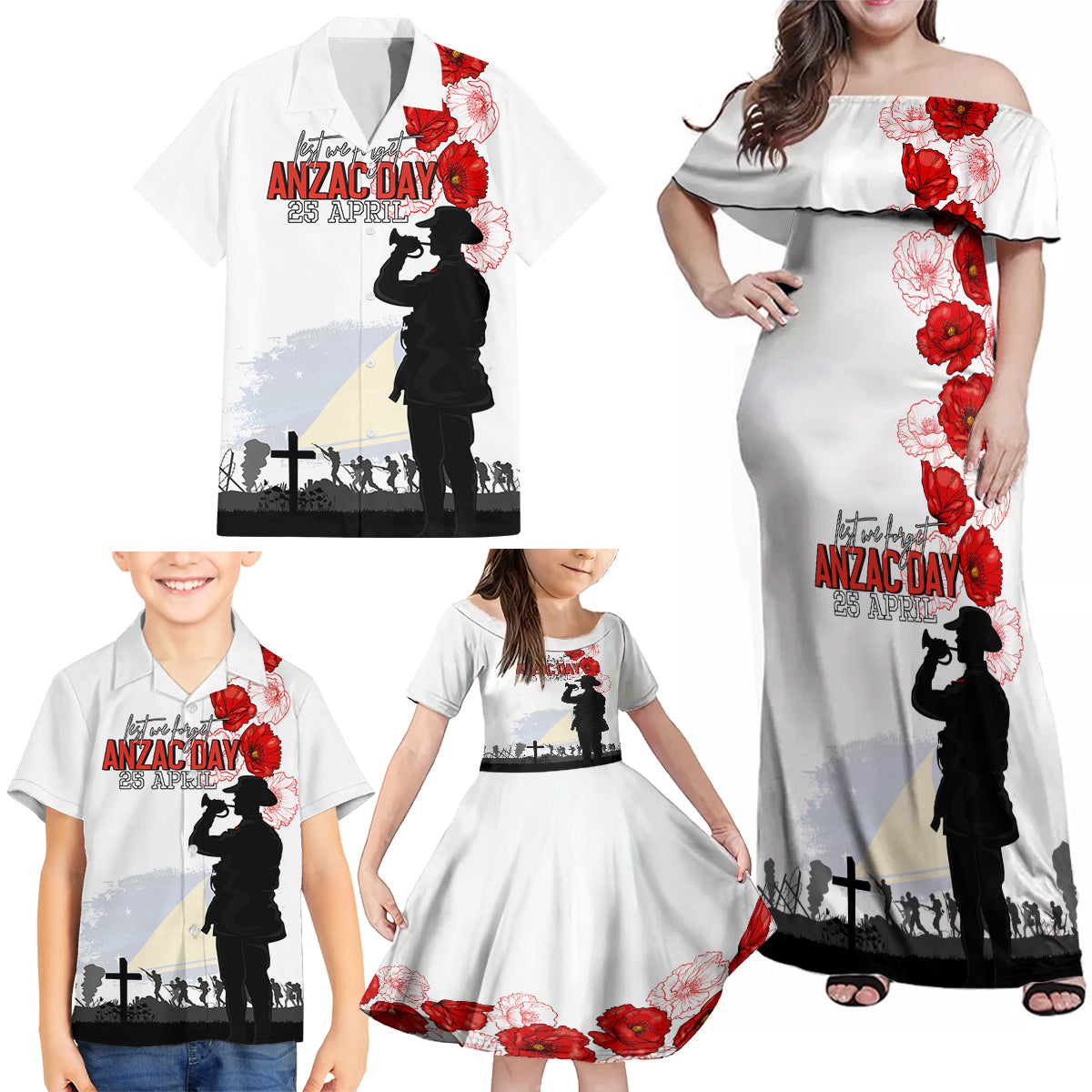 Tokelau ANZAC Day Family Matching Off Shoulder Maxi Dress and Hawaiian Shirt Lest We Forget Red Poppy Flowers and Soldier LT03 - Polynesian Pride