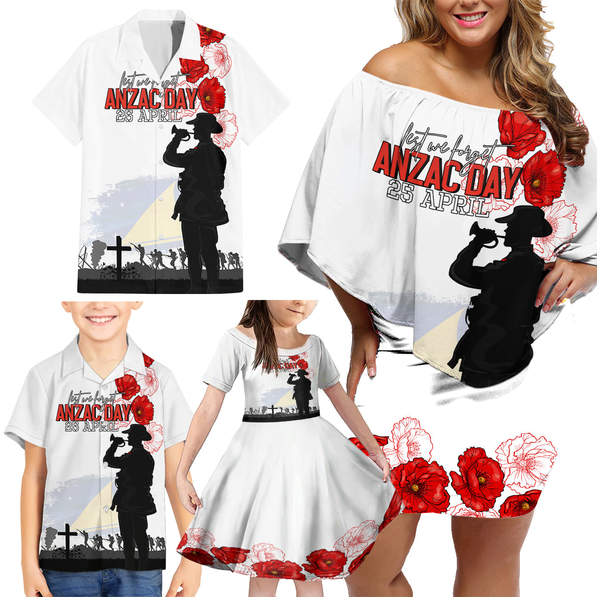 Tokelau ANZAC Day Family Matching Off Shoulder Short Dress and Hawaiian Shirt Lest We Forget Red Poppy Flowers and Soldier LT03 - Polynesian Pride