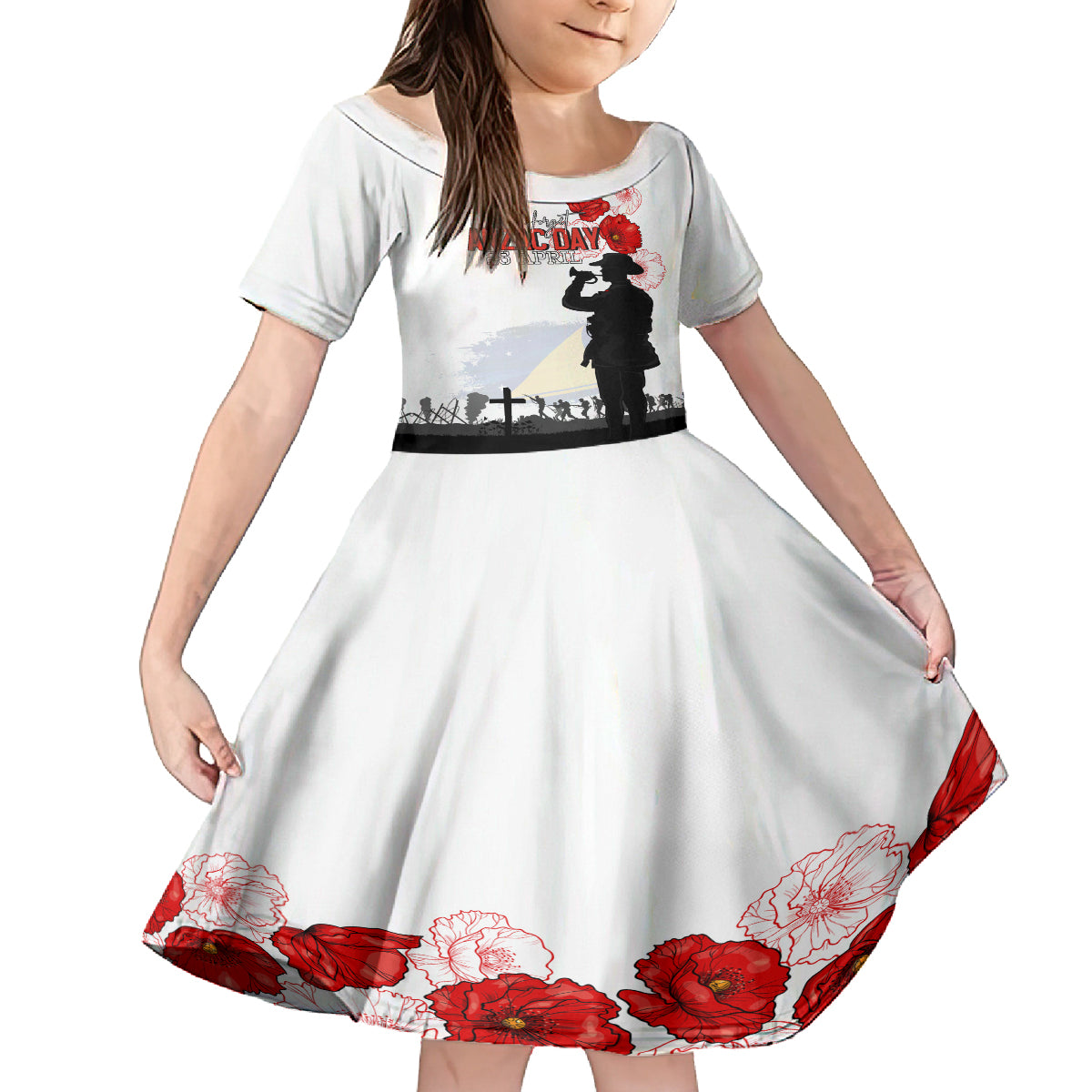 Tokelau ANZAC Day Family Matching Tank Maxi Dress and Hawaiian Shirt Lest We Forget Red Poppy Flowers and Soldier LT03 Daughter's Dress White - Polynesian Pride