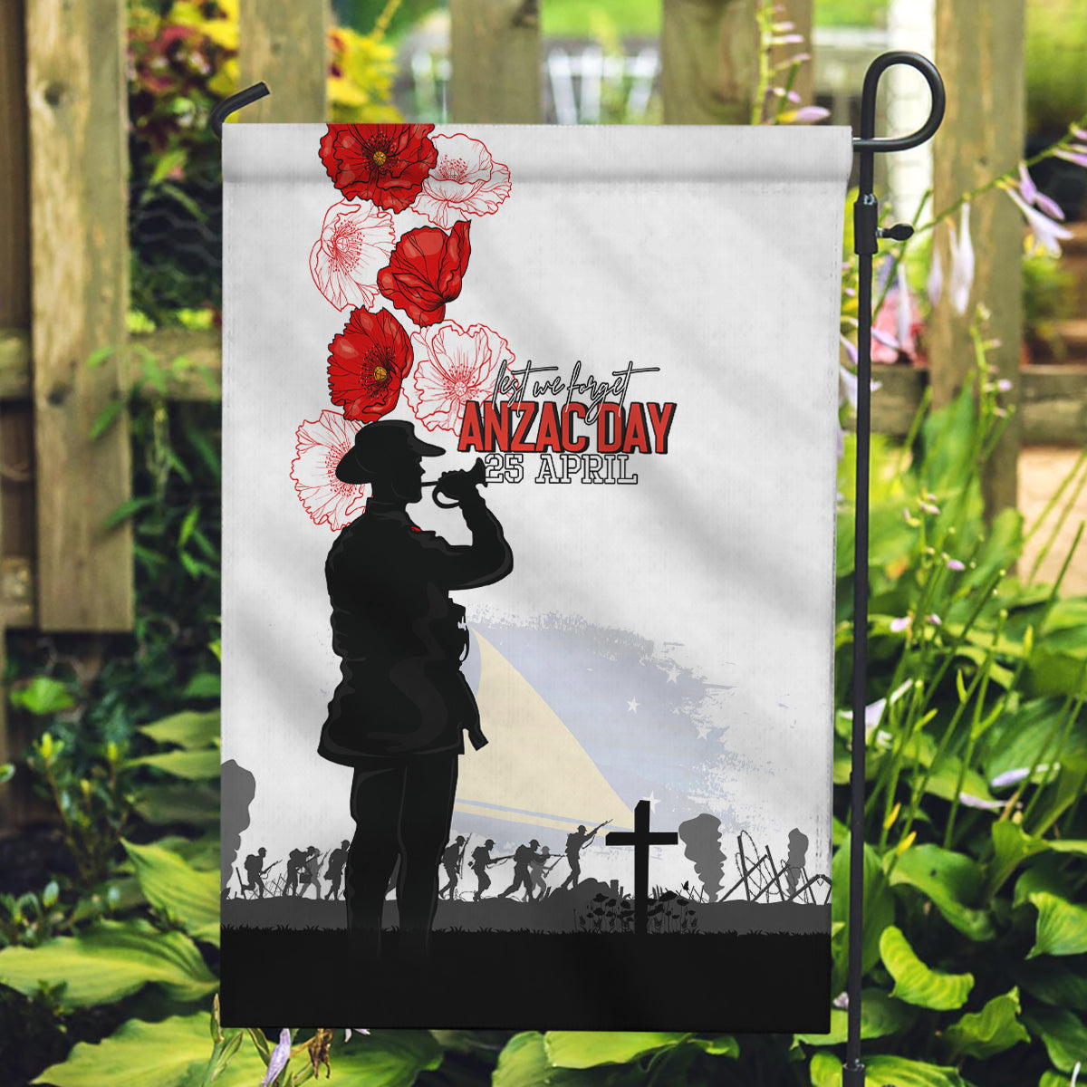 Tokelau ANZAC Day Garden Flag Lest We Forget Red Poppy Flowers and Soldier LT03 Garden Flag White - Polynesian Pride